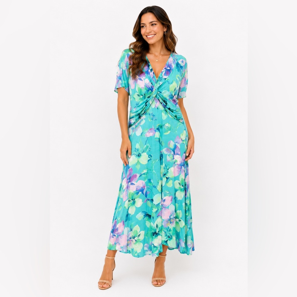 Soft Surroundings Aqua Floral‎ Twist-Front Maxi Dress S